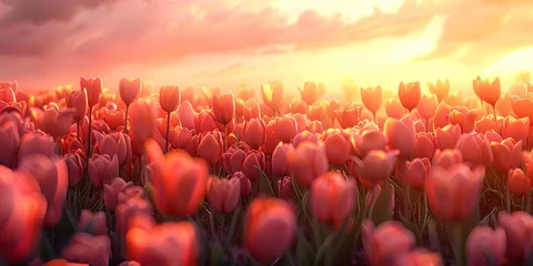 Schilderijen op glas Tranquil field of tulips under the warm glow of a sunset sky creating a serene landscape © nur