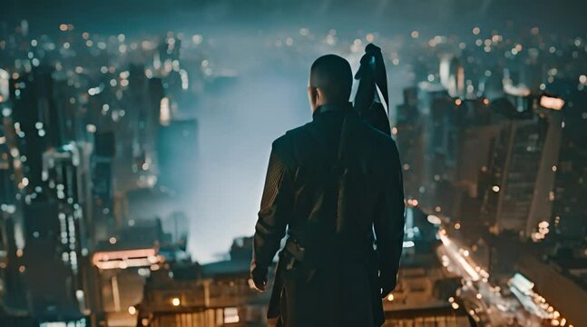 Samurai standing on a building in cyberpunk city at rainy night