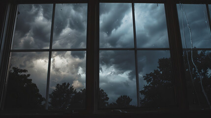 As I gaze out the window, a mesmerizing scene unfolds before me. The sky is shrouded in a blanket of charcoal-gray clouds, heavy with impending rain. The atmosphere is charged with anticipation.
