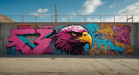 Fototapeta premium Rugged concrete walls with artistic abstract pink eagle graffiti drawings, front view from Generative AI