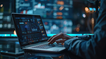 Data scientist, Programmer using laptop analyzing financial data on futuristic virtual interface. Algorithm. Global business development, strategy and planning, digital technology