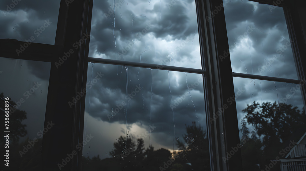 Wall mural As I gaze out the window, a mesmerizing scene unfolds before me. The sky is shrouded in a blanket of charcoal-gray clouds, heavy with impending rain. The atmosphere is charged with anticipation. - Wall murals