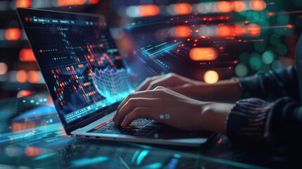 Data scientist, Programmer using laptop analyzing financial data on futuristic virtual interface. Algorithm. Global business development, strategy and planning, digital technology