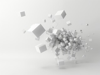 An array of white cubes in various sizes exploding outwards against a plain background.