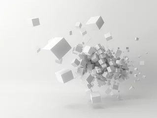 Fotobehang An array of white cubes in various sizes exploding outwards against a plain background. © cherezoff