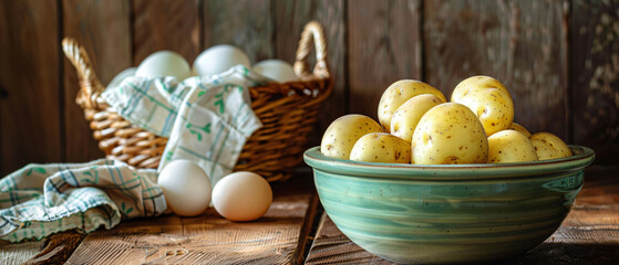 Obraz na płótnie Canvas A green bowl filled with potatoes next to a basket of