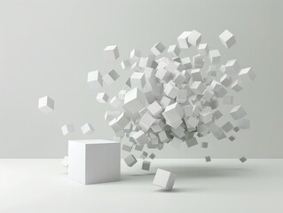 A multitude of white cubes burst from a central point, conveying dynamic motion and transformation.