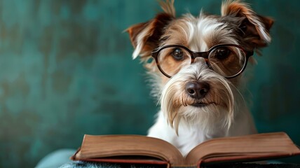 Intelligent dog with glasses seemingly contemplating literary works - obrazy, fototapety, plakaty