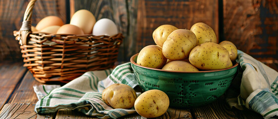 Obraz na płótnie Canvas A green bowl filled with potatoes next to a basket of