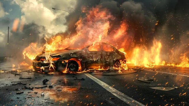 burn car on street by accident video stock looping 
 seamless background