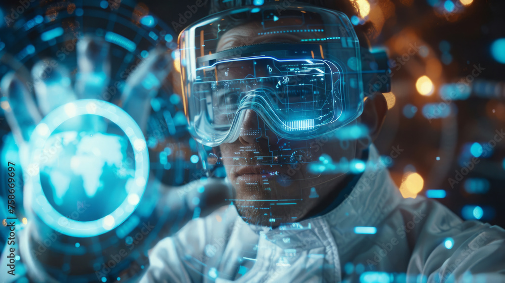 Poster a person is wearing futuristic goggles overlayed with holographic data while digital representations