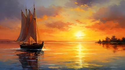 Poster Fisherman ships sailboat with oil paintings at sunset © Natia