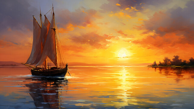 Fisherman ships sailboat with oil paintings at sunset