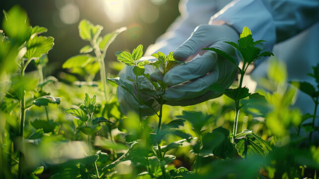 A close-up image capturing the hands of a person in white gloves tenderly handling fresh green plants, with sunlight filtering through leaves in a garden setting.