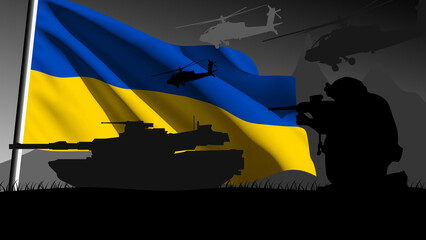Ukraine is ready to enter into war, silhouette of military vehicles with the country's flag waving