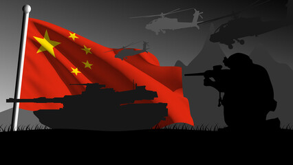 China is ready to enter into war, silhouette of military vehicles with the country's flag waving