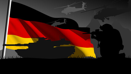 Germany is ready to enter into war, silhouette of military vehicles with the country's flag waving