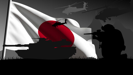 Japan is ready to enter into war, silhouette of military vehicles with the country's flag waving