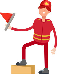 Firefighter Character Holding Flag
