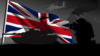 The UK is ready to enter into war, silhouette of military vehicles with the country's flag waving
