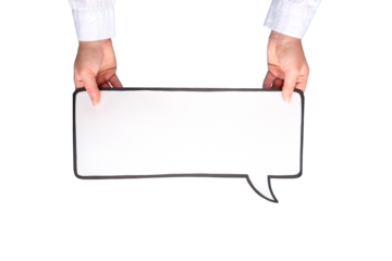 Empty speech bubble in hand wearing white shirt on a transparent background. Comic cloud with a place for text