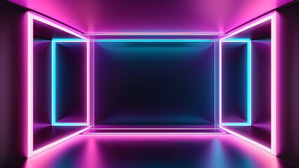 square glowing in the dark pink blue neon light illuminates the frame design's abstract background.