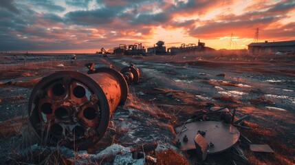 Barren wasteland rusted machinery scattered dull red sunset - obrazy, fototapety, plakaty