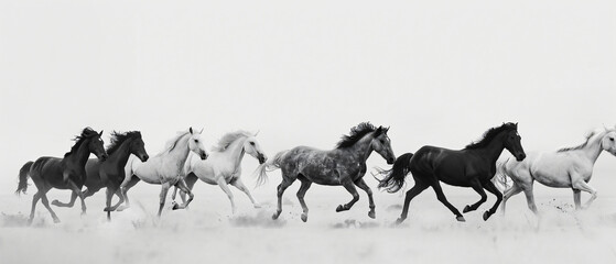 A group of horses running in a line on a white background