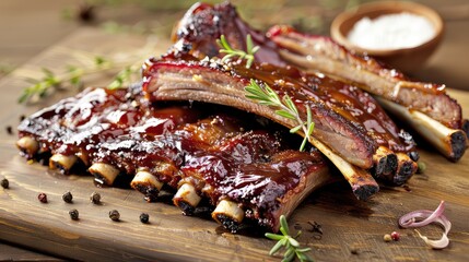 Grilled ribs on cutting board. Get ready to savor the deliciousness of these grilled ribs, a true meat lover's dream. - obrazy, fototapety, plakaty