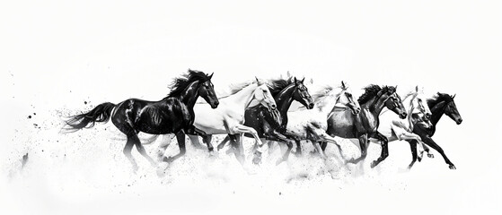 A group of horses running in a line on a white background