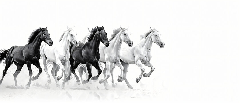 A group of horses running in a line on a white background