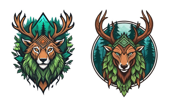 two illustrations of a deer and a forest, clean logo design, druid portrait, three heads, strong colors, 