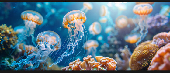 A group of jellyfish swimming over a coral reef  - obrazy, fototapety, plakaty