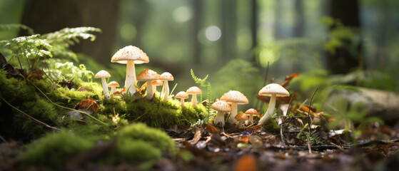 A group of mushrooms growing on the ground in a forest