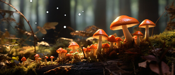 A group of mushrooms growing on the ground in a forest - obrazy, fototapety, plakaty