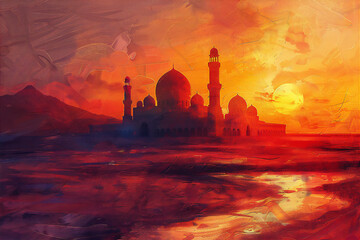 Impression Painting of Mosque with dramatic sunset sky 