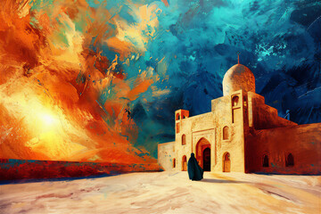 Impression Painting of Mosque at night - obrazy, fototapety, plakaty