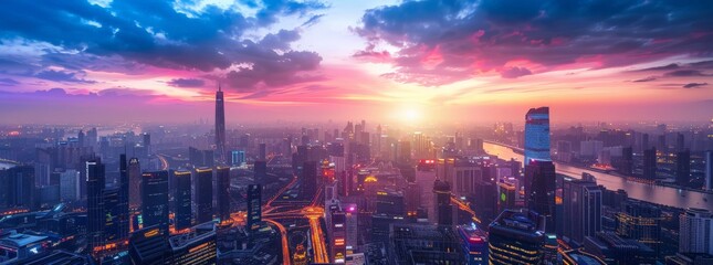 Fototapeta premium Futuristic city skyline at dusk neon lights wide lens vibrant colors drone view