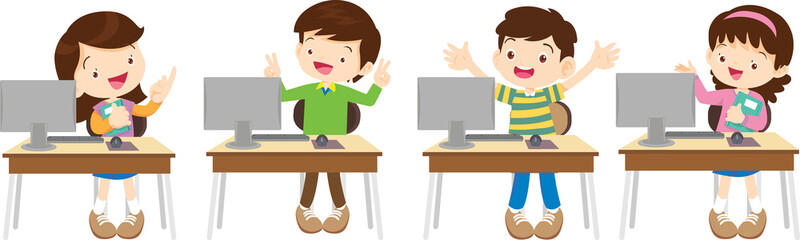 E-Learning concept Students kids Reading and online learning technology with computer laptop smartphone