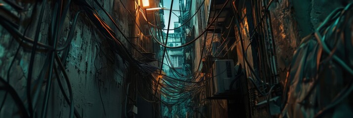 Futuristic slum tangled wires dim street lights claustrophobic alleyway shot