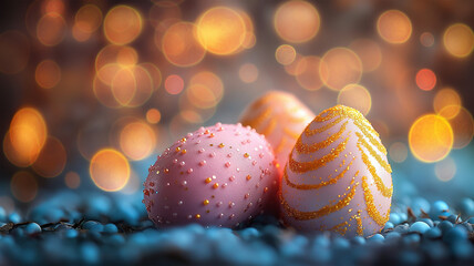 Holiday Easter eggs background , celebration backdrop and colorful easter eggs in beautiful nature landscape