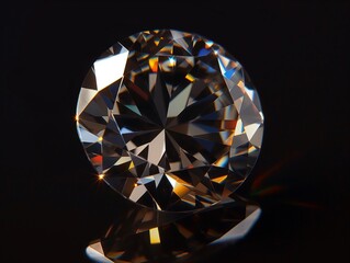 Close-up of a solitary round brilliant cut diamond showcasing its fire and brilliance against a dark backdrop.