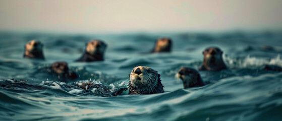 A group of sea otters swimming in the ocean together. - obrazy, fototapety, plakaty