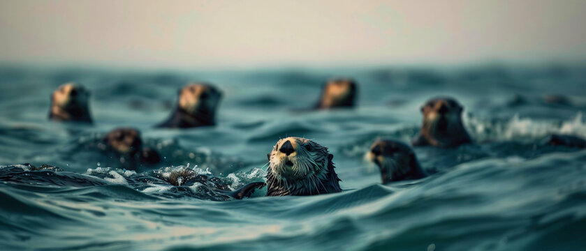 A group of sea otters swimming in the ocean together.