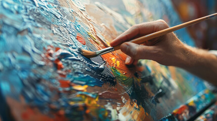 A detailed view of a paintbrush applying vibrant oil paint strokes on a textured canvas