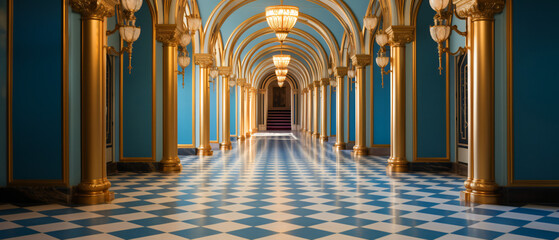 A hallway with a blue and gold floor and a doorway. .. - Powered by Adobe