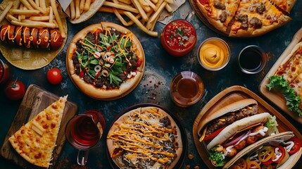 Unhealthy fast food with sauces on wooden table. Top view of various fast foods on the table.	 National fast food day background concept. - obrazy, fototapety, plakaty