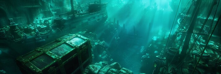 Lost city under the ocean treasure chests sunken ships soft green-blue light mid-shot