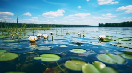 Water lilies on lake surface with sky background