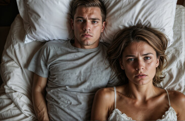 Couple Lying in Bed With Concerned Expressions